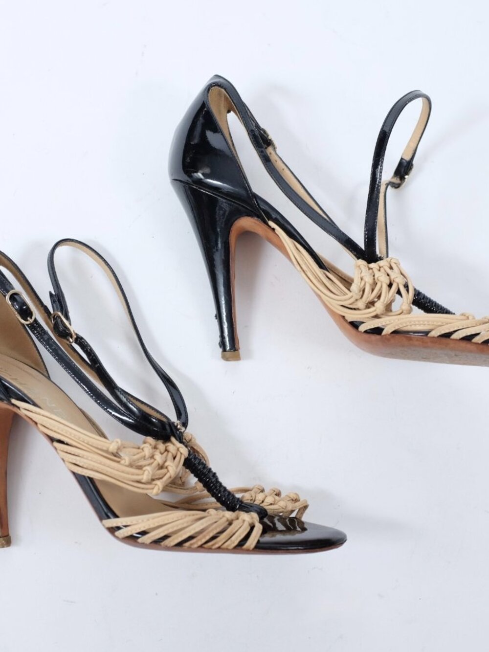 CHANEL shoes sandals 37.5 US 7 open toe strappy ankle strap black beige - Picture 2 of 7